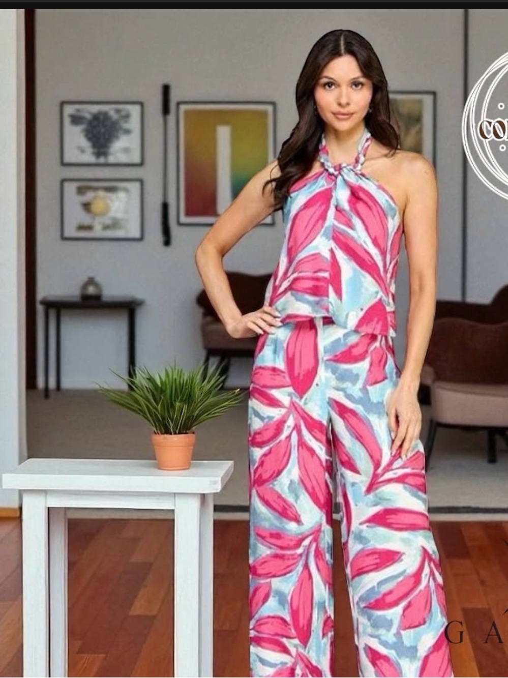 Vibrant tropical-print halter neck jumpsuit
